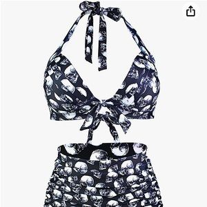 Skulls Retro 50’s Halter High Waist Ruched Bikini Swimsuit